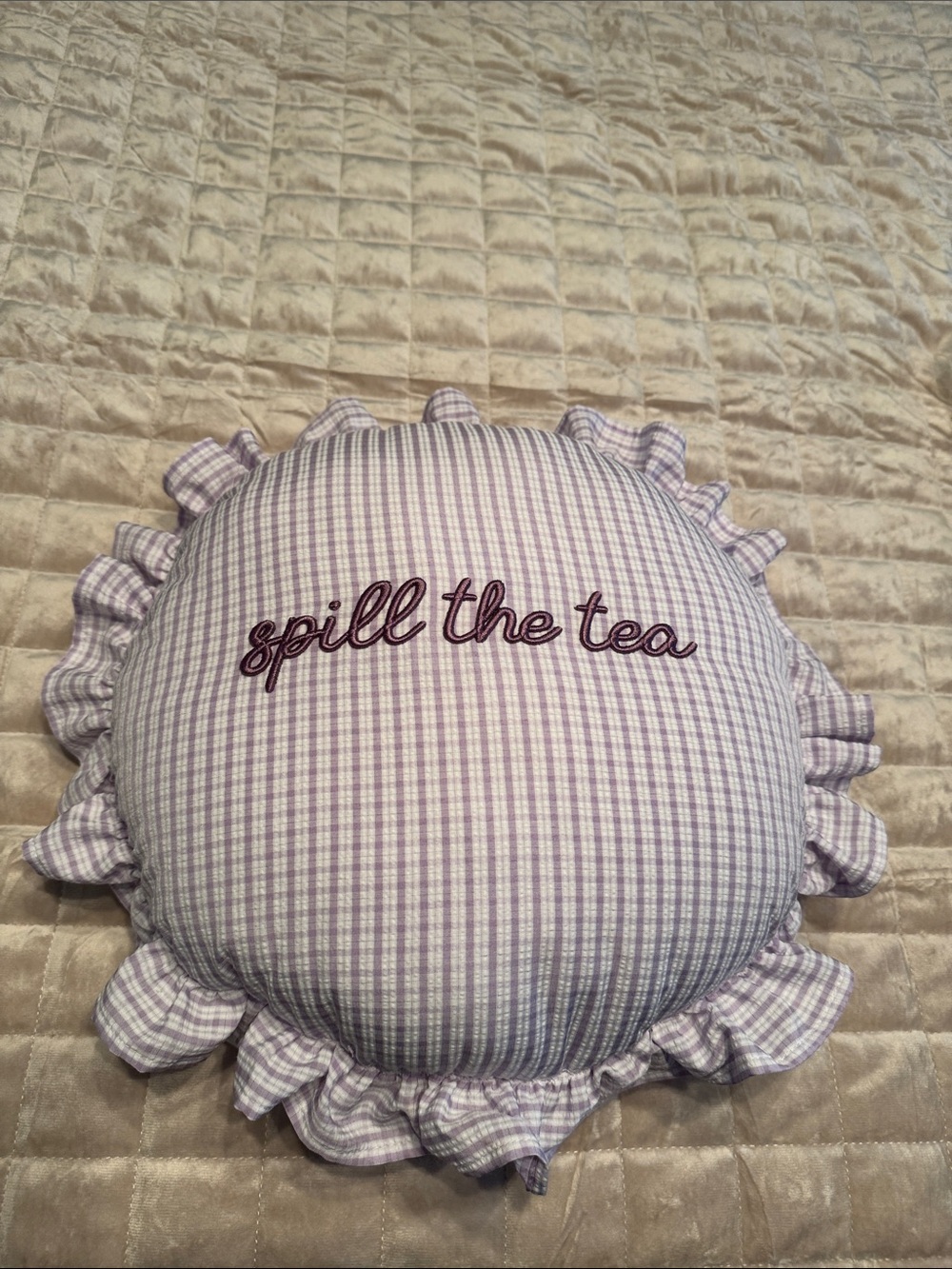 Round Ruffled Pillow with "spill the tea" Embroidery - Lavender Gingham